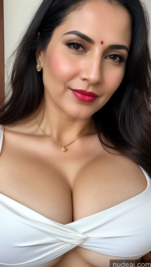 related ai porn images free for Woman One Huge Boobs Beautiful Lipstick Fairer Skin 40s Black Hair Slicked Close-up View Detailed Simple Sari White Cleavage