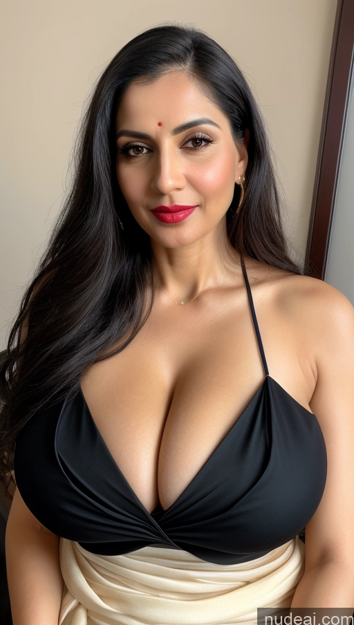 related ai porn images free for Woman One Huge Boobs Beautiful Lipstick Fairer Skin 40s Black Hair Slicked Close-up View Detailed Simple Sari White Cleavage