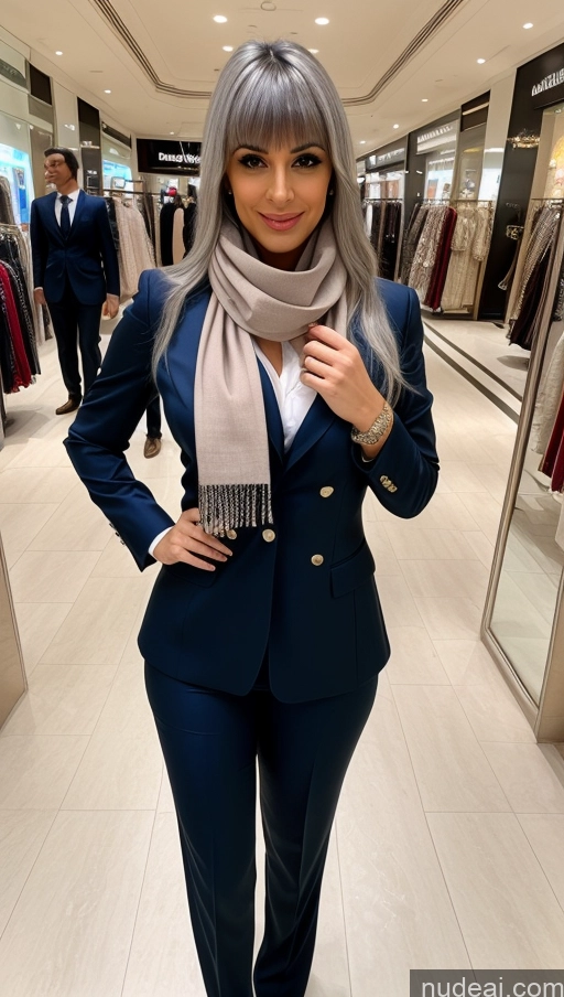 ai nude image of araffe woman in a blue suit and scarf posing for a picture pics of Beautiful 20s Persian Front View Woman Suit Tie Perfect Boobs Big Ass Perfect Body White Hair Bangs Mall Scarf Diamond Jewelry