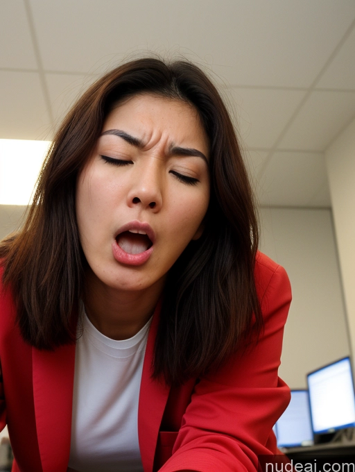 ai nude image of woman in red blazer looking at a cell phone with open mouth pics of Woman One Small Tits Small Ass Skinny Long Legs 18 Orgasm Shocked Angry Brunette Bobcut Korean On Back Lab Coat Office