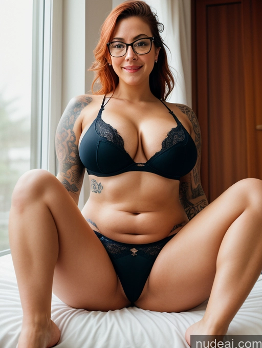 ai nude image of there is a woman in a black bra top and glasses sitting on a bed pics of One Big Ass Short Laughing Ginger White Bedroom Front View Woman Big Hips Ponytail Spreading Legs Perfect Boobs Small Tits Busty Cleavage Thick Abs Chubby Panties Glasses Tattoos 20s Shirt