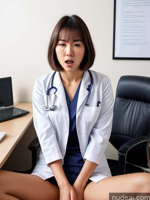 ai nude image of arafed asian woman in a white lab coat sitting on a chair pics of Woman One Small Tits Small Ass Skinny Long Legs 18 Orgasm Shocked Angry Bobcut Office Brunette Japanese Spreading Legs Doctor