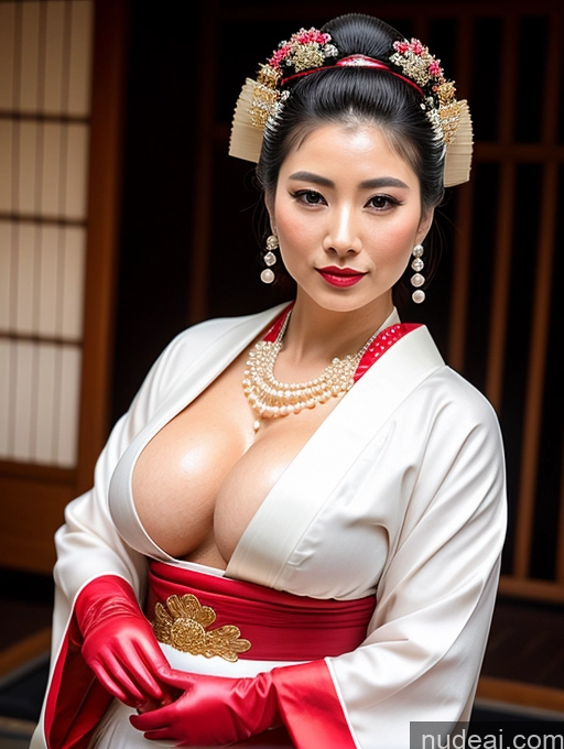 ai nude image of araffe woman in a kimono dress with a red sash and pearls pics of Busty Perfect Boobs Perfect Body Oiled Body Big Hips Muscular Onsen Geisha Traditional Pearl Jewelry Jewelry Sexy Face Lipstick Milf Ponytail Gloves Russian