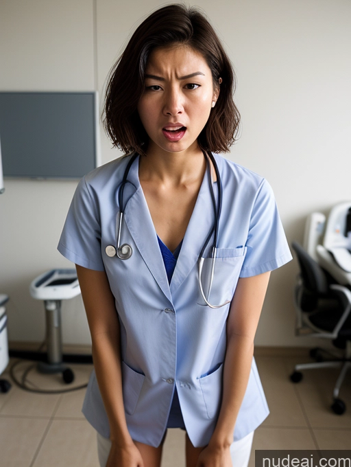 ai nude image of arafed woman in a blue scrub suit standing in a room pics of Woman One Small Tits Small Ass Skinny Long Legs 18 Orgasm Shocked Angry Bobcut Brunette Japanese Spreading Legs Doctor Hospital