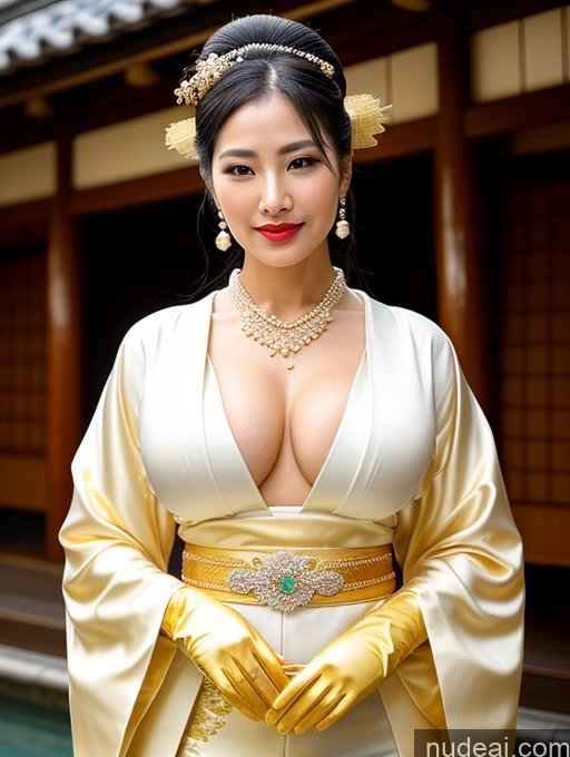 ai nude image of araffe asian woman in a white dress and gold jewelry pics of Busty Perfect Boobs Lipstick Big Hips Perfect Body Oiled Body Onsen Gloves Kimono Traditional Jewelry Pearl Jewelry Muscular Long Legs Sexy Face Diamond Jewelry Slicked Japanese Gold Jewelry 40s