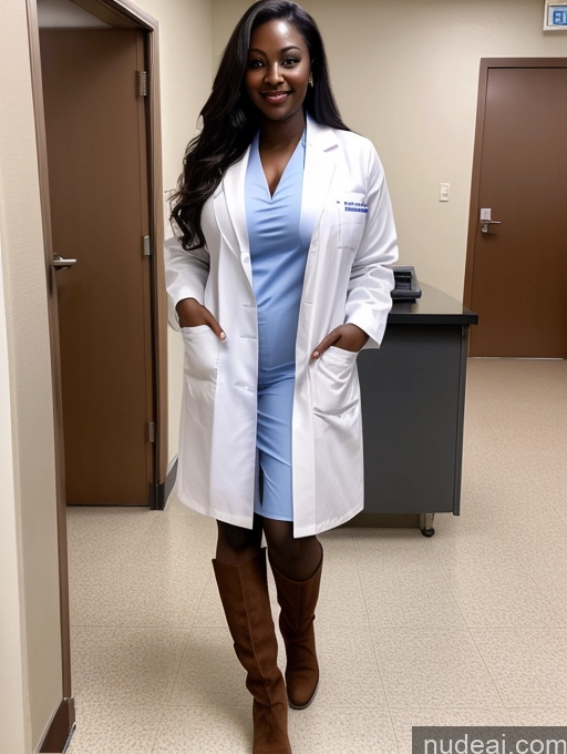 ai nude image of arafed woman in a white lab coat and boots standing in a hallway pics of Busty Perfect Boobs Beautiful Perfect Body Dark Skin Hospital Boots Professor Lab Coat