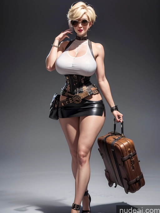 ai nude image of there is a woman in a corset and a suitcase posing pics of Huge Boobs Perfect Boobs Abs Long Legs Perfect Body Sunglasses Illustration Tank Top Steampunk Pixie Blonde Micro Skirt Transparent