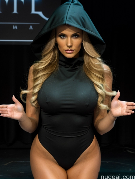 Miss Universe Model Perfect Boobs FairArguementBut Big Hips Perfect Body 20s Blonde Stage Cultist Hood Prayhands, Interlocked Fingers, Own Hands Together