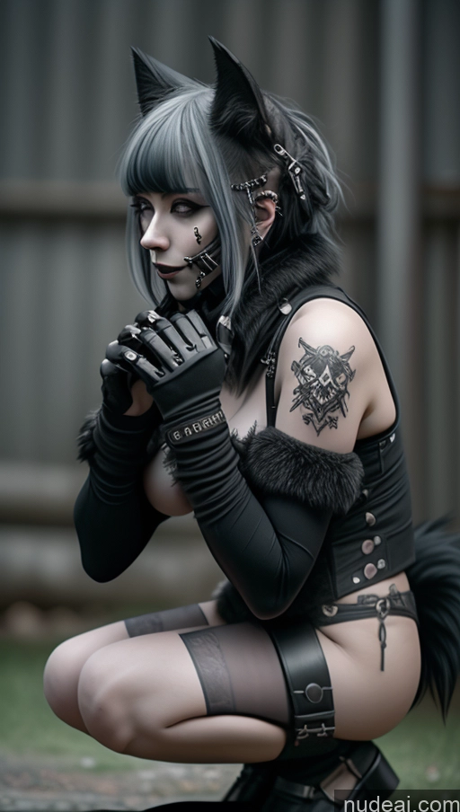 related ai porn images free for Dangerous Beast Cosplay Perfect Boobs Busty Close-up View Two Squatting Gothic Punk Girl