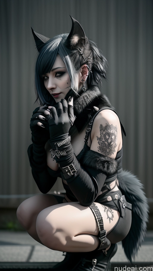 related ai porn images free for Dangerous Beast Cosplay Perfect Boobs Busty Close-up View Two Gothic Punk Girl Squatting