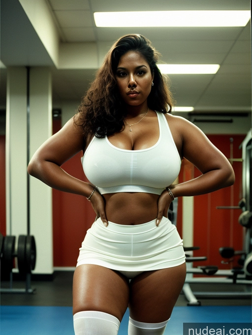 ai nude image of there is a woman in a white top and shorts posing for a picture pics of Woman One Huge Boobs Big Ass Chubby Fat Tanned Skin Dark Skin 30s Serious Brunette Brazilian Vintage Front View Working Out Gym High Socks Mini Skirt Tank Top Long Hair