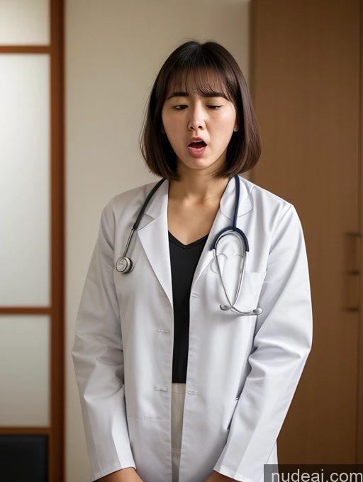 ai nude image of arafed woman in a white lab coat with a stethoscope pics of Woman One Small Tits Small Ass Skinny 18 Orgasm Shocked Angry Bobcut Japanese Doctor