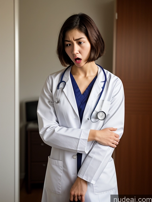 ai nude image of arafed woman in a white lab coat with a stethoscope pics of Woman One Small Tits Small Ass Skinny 18 Orgasm Shocked Angry Bobcut Japanese Doctor