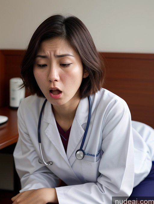 ai nude image of arafed woman in a white lab coat sitting at a desk with a laptop pics of Woman One Small Tits Small Ass Skinny 18 Orgasm Shocked Angry Bobcut Japanese Doctor