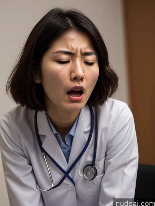 ai nude image of arafed woman in a white coat with a stethoscope on her chest pics of Woman One Small Tits Small Ass Skinny 18 Orgasm Shocked Angry Bobcut Japanese Doctor Long Legs