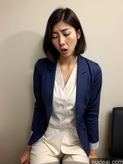 ai nude image of there is a woman sitting on a chair with her mouth open pics of Woman One Small Tits Small Ass Skinny 18 Orgasm Shocked Angry Bobcut Japanese Doctor Long Legs