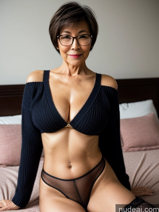 ai nude image of there is a woman in a black top and glasses posing on a bed pics of Milf One Perfect Boobs Small Tits Beautiful Glasses Perfect Body Pubic Hair 70s Short Hair Chinese Bedroom Front View Casual Stockings Sweater Cleavage Partially Nude Dark Lighting Spreading Legs