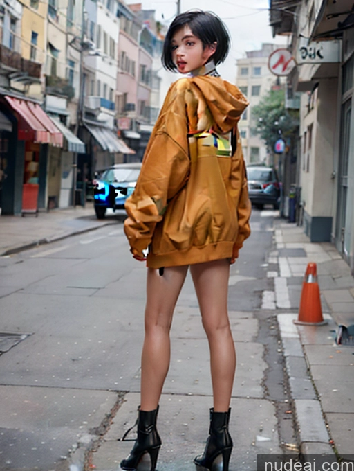 ai nude image of woman in a yellow jacket and black boots standing on a sidewalk pics of Woman One Perfect Body 18 Black Hair Short Hair Chinese Street High Heels High Socks Underwear Oversized Sweater/Hoodie