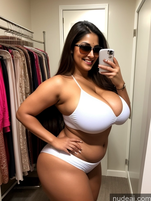 ai nude image of araffe woman in white bikini taking a selfie in a closet pics of Woman Huge Boobs Beautiful Sunglasses Big Ass Abs Thick Chubby Big Hips Long Legs Tall Fairer Skin 20s Happy Sexy Face Brunette Long Hair Indian Changing Room Front View Sari Detailed