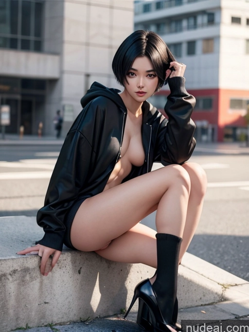 ai nude image of araffed woman in black leather jacket sitting on a concrete ledge pics of Perfect Body 18 Black Hair Woman One Short Hair Chinese Street High Socks High Heels Underwear Naked Hoodie 裸体卫衣