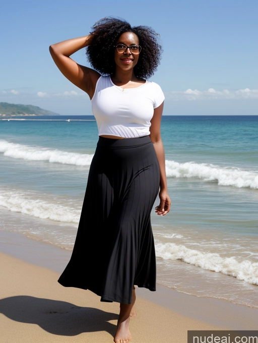 ai nude image of there is a woman standing on the beach with her hands on her head pics of 30s Glasses Dark Skin Sexy Face Black Hair Short Curly Hair Chubby Black Long Skirt Beach Front View T-pose