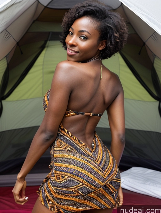 ai nude image of there is a woman in a dress standing in front of a tent pics of 30s Dark Skin Sexy Face Black Hair Short Black Pubic Hair Straight Dress Skinny Tent Back View Bending Over