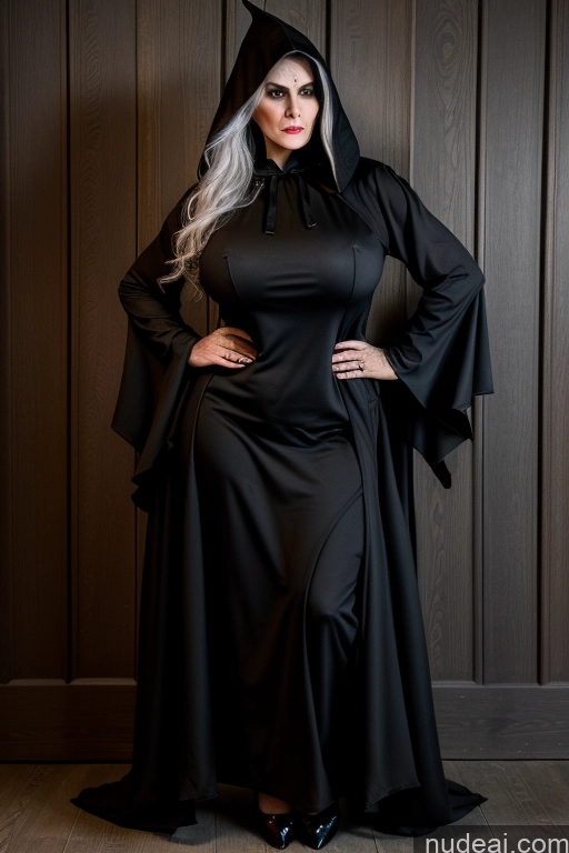 ai nude image of araffe dressed in a black robe and a black hat pics of Milf 70s Huge Boobs Big Ass Big Hips Angry Pouting Lips White Hair Witch Goth Cultist Hood