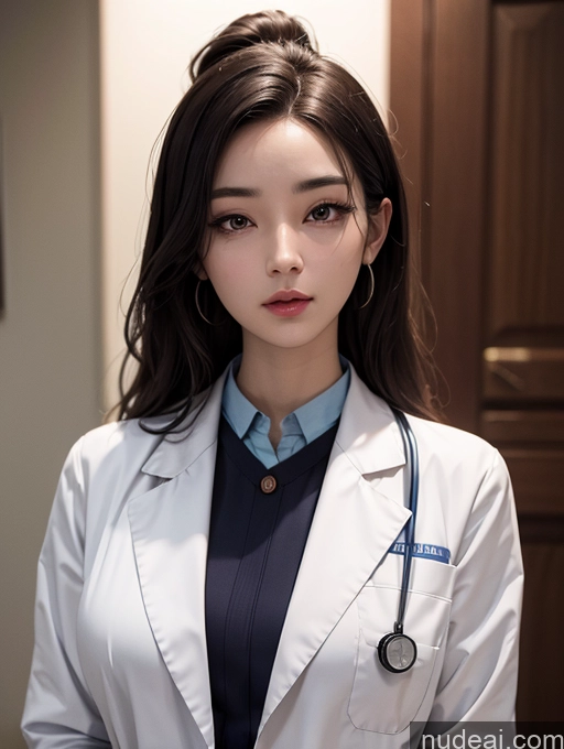 ai nude image of arafed woman in a white lab coat and a blue tie pics of Korean Perfect Boobs Doctor