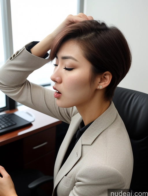 ai nude image of woman in business attire sitting at desk with laptop and cell phone pics of Woman One Small Tits Small Ass Skinny Long Legs 18 Orgasm Shocked Angry Bobcut Korean Office Suit Side View