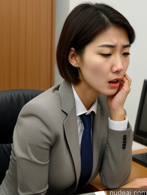 ai nude image of woman in business suit sitting at desk with computer and monitor pics of Woman One Small Tits Small Ass Skinny Long Legs 18 Orgasm Shocked Angry Bobcut Korean Office Suit Side View