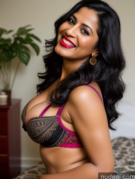 ai nude image of there is a woman in a bra top posing on a bed pics of Woman Busty Lipstick Big Ass 40s Laughing Black Hair Long Hair Indian Film Photo Bedroom Front View Bra Sari