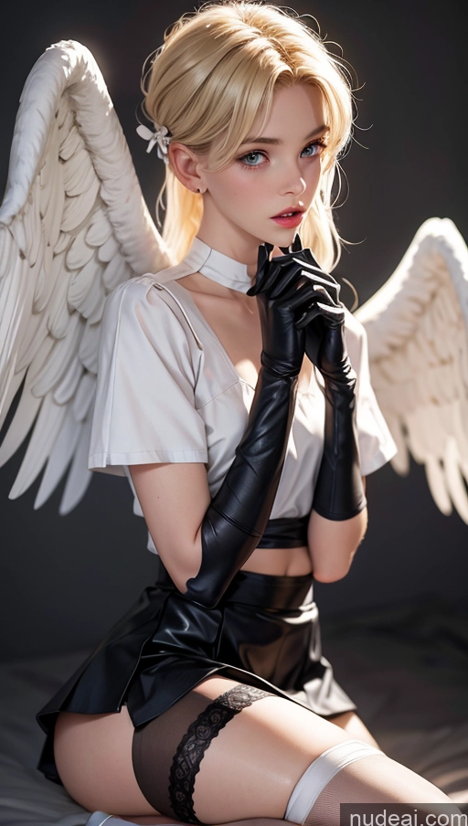 ai nude image of blond haired woman in black leather outfit with angel wings pics of Skinny 18 Beautiful Dark Fantasy Close-up View Perfect Body Fairer Skin Blonde Pixie Swedish Angel Bows Gloves Mini Skirt Stockings Squatting