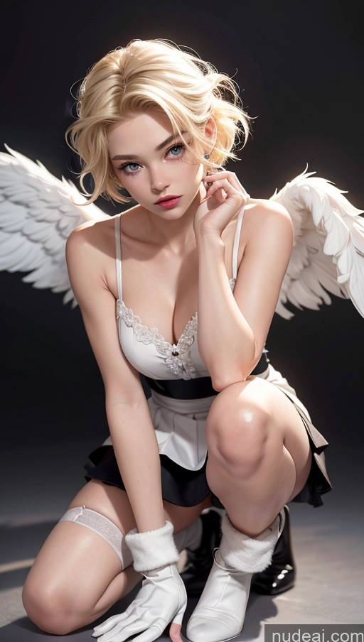 ai nude image of blond woman in angel costume kneeling down with white wings pics of Skinny 18 Beautiful Dark Fantasy Close-up View Perfect Body Fairer Skin Blonde Pixie Swedish Angel Bows Gloves Mini Skirt Stockings Squatting