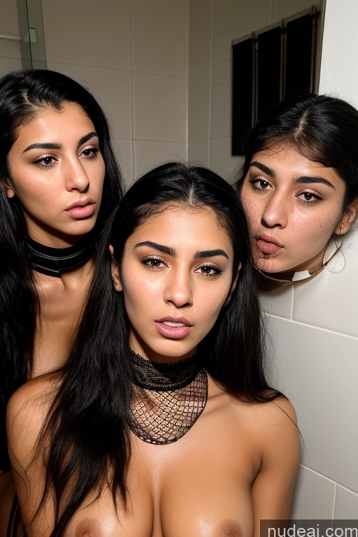 ai nude image of three women in a bathroom with a mirror and a mirror pics of Athlete Big Ass Abs Small Tits Pubic Hair Long Hair 18 Close-up View Nude Arabic Black Hair Choker Fishnet Bathroom Orgasm Cumshot Angry