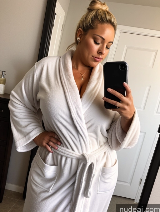 ai nude image of woman in white robe taking a selfie in mirror with cell phone pics of Huge Boobs Big Ass Thick Fat Short Pubic Hair Sexy Face Hair Bun Blonde 40s Black Sleeping Mirror Selfie Bathrobe