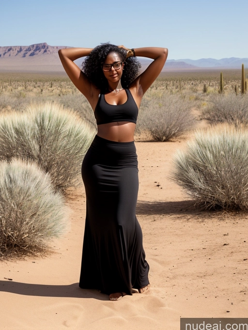 ai nude image of pregnant woman in black dress standing in desert area with desert landscape pics of Woman Glasses Big Ass Dark Skin 30s Seductive Black Hair Curly Hair Black T-pose Long Skirt Crop Top Desert