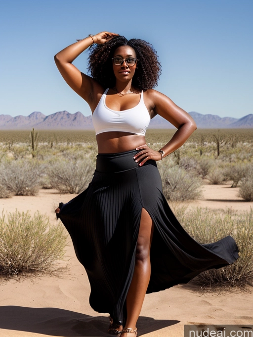 ai nude image of woman in white top and black skirt posing in desert area pics of Woman Glasses Big Ass Dark Skin 30s Seductive Black Hair Curly Hair Black T-pose Long Skirt Crop Top Desert