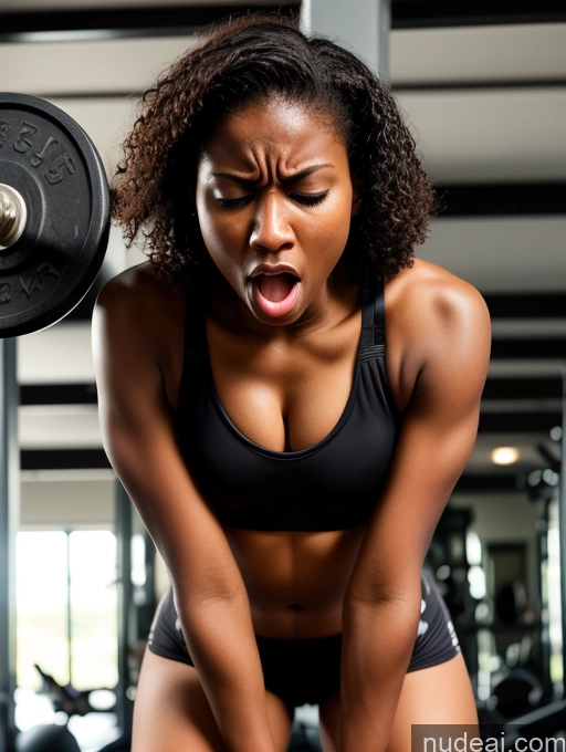 ai nude image of arafed woman in a black sports bra top lifting a barbell pics of Woman Small Tits Small Ass Skinny Long Legs Dark Skin 18 Orgasm Shocked Angry Bobcut Black Gym Working Out Sports Bra