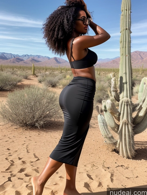 ai nude image of araffe woman in black skirt and black bra top standing in desert pics of Woman Glasses Big Ass Dark Skin 30s Seductive Black Hair Curly Hair Black T-pose Long Skirt Desert Push-up Bra Side View