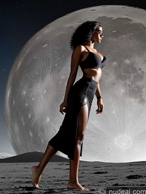 ai nude image of woman in black dress standing on a beach with a full moon in the background pics of Woman Glasses Big Ass Dark Skin 30s Seductive Black Hair Curly Hair Black T-pose Long Skirt Push-up Bra Side View Moon