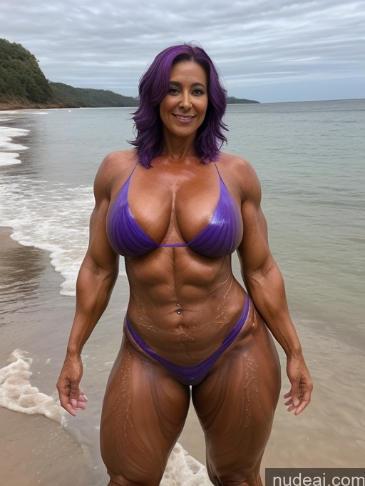 ai nude image of arafed woman in a purple bikini posing on the beach pics of Milf Oiled Body 50s Thick Chubby Big Ass Muscular Bodypaint Purple Hair