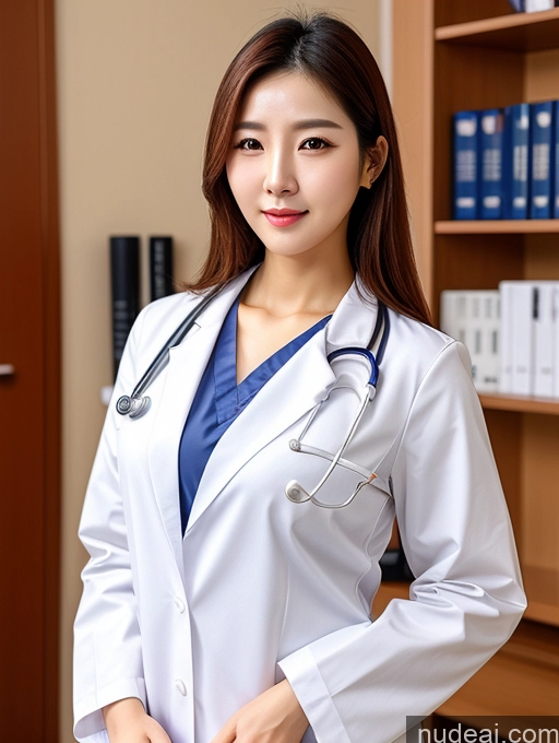 ai nude image of arafed asian female doctor in a white coat and blue top pics of Korean Perfect Boobs Doctor