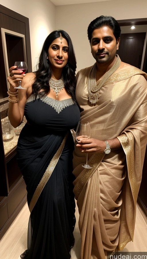 ai nude image of there are two people standing together holding wine glasses pics of Woman + Man Busty Big Ass Thick Big Hips Long Legs Tall Perfect Body Dark Skin Shocked Black Hair Long Hair Indian Front View Sari Transparent Diamond Jewelry Wine 40s Huge Boobs