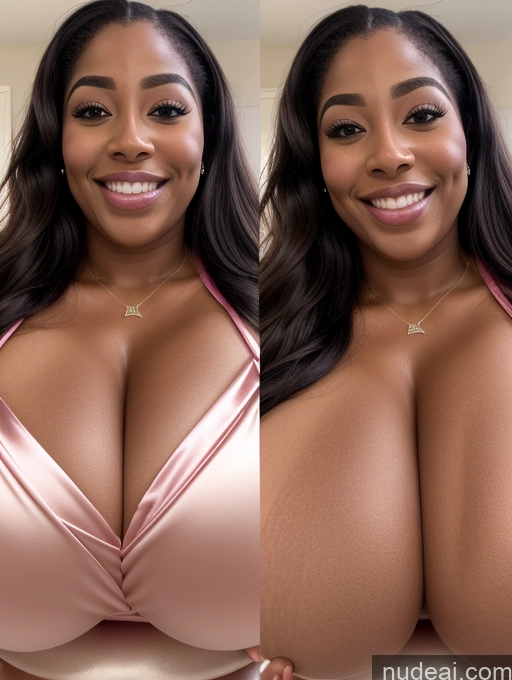 ai nude image of araffed woman with big breasts posing for a picture pics of Huge Boobs Perfect Boobs Beautiful Long Hair Laughing African Cleavage 30s Happy Satin Close-up View Busty Onoff