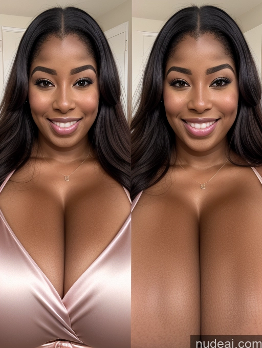 ai nude image of there are two pictures of a woman with big breasts posing for a picture pics of Huge Boobs Perfect Boobs Beautiful Long Hair Laughing African Cleavage 30s Happy Satin Close-up View Busty Onoff