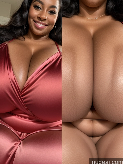 ai nude image of a close up of a woman in a red dress and a woman in a pink dress pics of Huge Boobs Perfect Boobs Beautiful Long Hair Laughing African Cleavage 30s Happy Satin Close-up View Busty Onoff