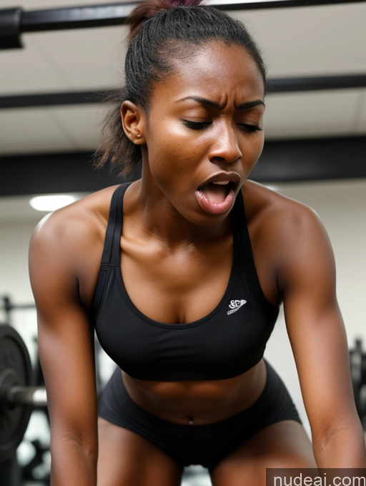 ai nude image of there is a woman in a black sports bra top and shorts pics of Woman Small Tits Small Ass Skinny Long Legs Dark Skin 18 Orgasm Shocked Angry Bobcut Black Gym Working Out Sports Bra Tall