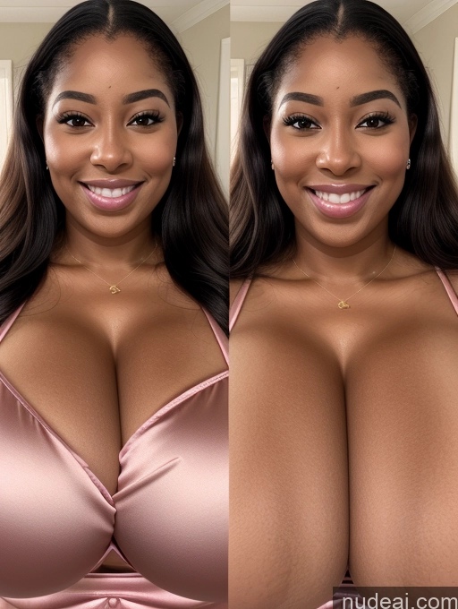 ai nude image of a close up of a woman with a big breast and a smile pics of Huge Boobs Perfect Boobs Beautiful Long Hair Laughing African Cleavage 30s Happy Satin Close-up View Busty Onoff