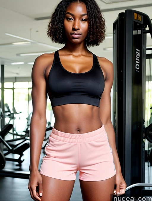 ai nude image of there is a woman standing in a gym room with a machine pics of Woman Small Tits Small Ass Skinny Long Legs Dark Skin 18 Orgasm Shocked Angry Bobcut Black Gym Working Out Sports Bra Tall Short Shorts Perfect Body