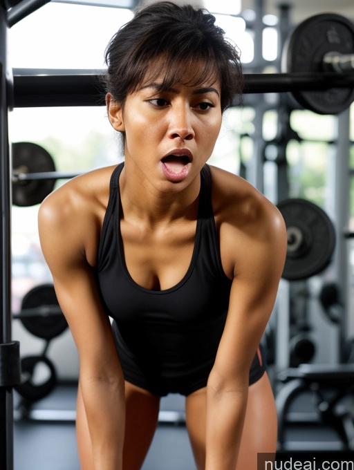 ai nude image of arafed woman in a black top and black shorts squatting on a barbell pics of Small Tits Small Ass Skinny Long Legs Dark Skin 18 Orgasm Shocked Angry Bobcut Black Gym Working Out Sports Bra Tall Short Shorts Perfect Body Woman